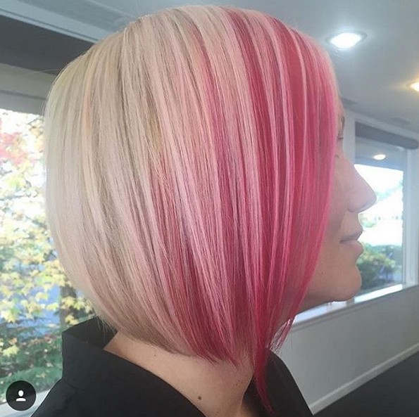 Bob hair cut with pink pink blonde hair