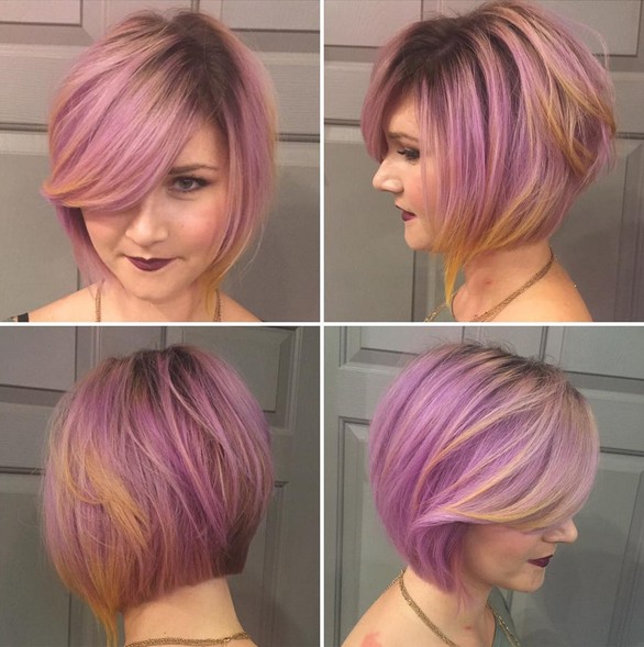 Fun pink color, yellow hair color with bob hair cutting