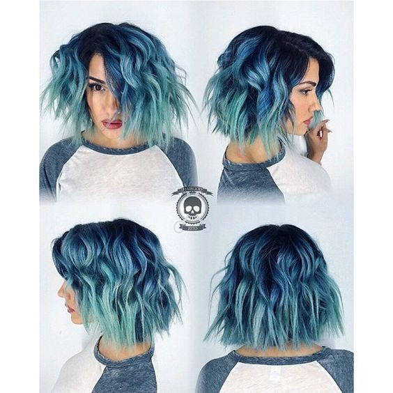 Perhaps wavy bob from the graws with the melting of blue hair color to the color of the green hair with mint