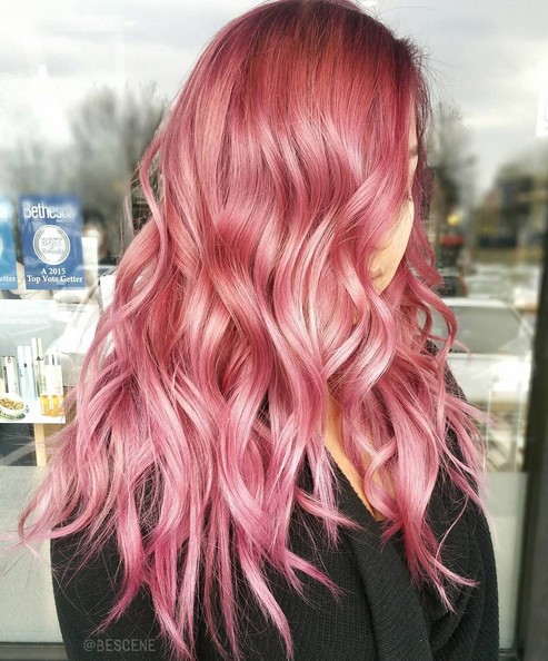 Long hairstyle wavy with pink hair