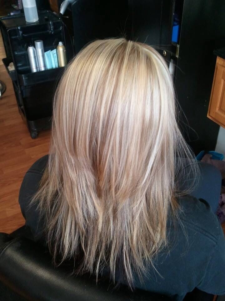 Medium length, long hair cut with blonde most prominent: women's hairstyles