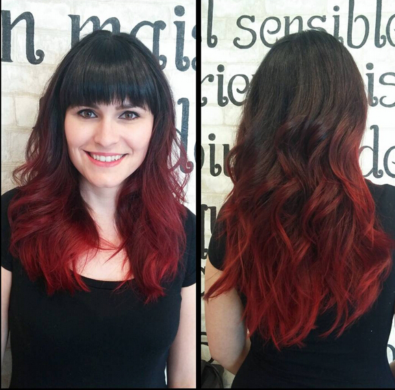 Long medium hairstyle for sharp bangs - rich ombre blood with black hair