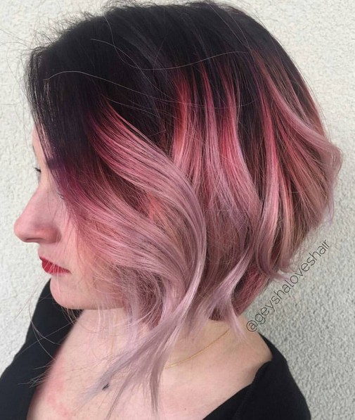 Omper, wavy bob shave - black and pink hair color
