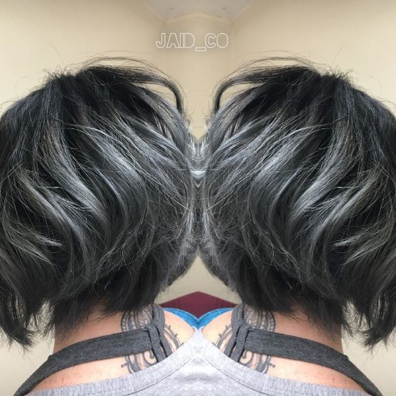 Bastille hairstyles with a short wavy bob - black gray hair and Titanium
