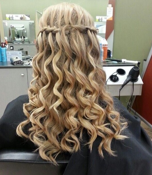 Long hair styles 2014: Waterfall braid with spiral curls