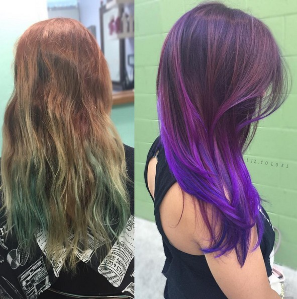 Purple cheese with long, straight hair