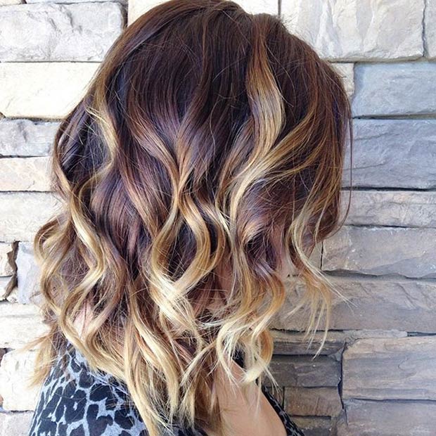 Brown roots + blond highlights ombre hair with waves