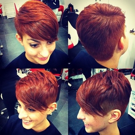Red haircuts with long side bangs