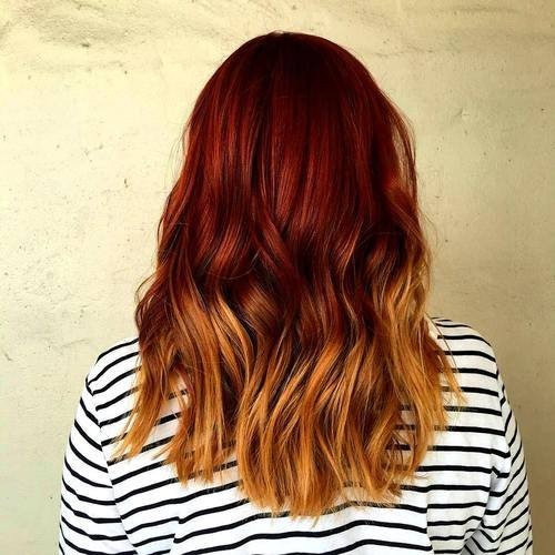 Red to golden ombre blond - medium -layer hairstyle for thick hair
