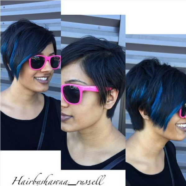 A short haircut with blue hair color