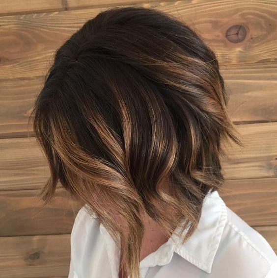 Short wavy hair cut - caramel brunette balayage bob hairstyles
