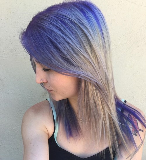 Elegant hair color with length hair - blond ash and dark purple hair