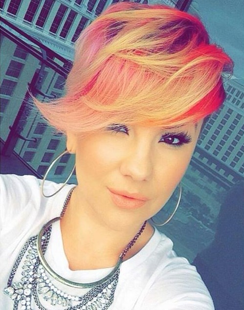 Long pieces with long bangs - pink yellow color