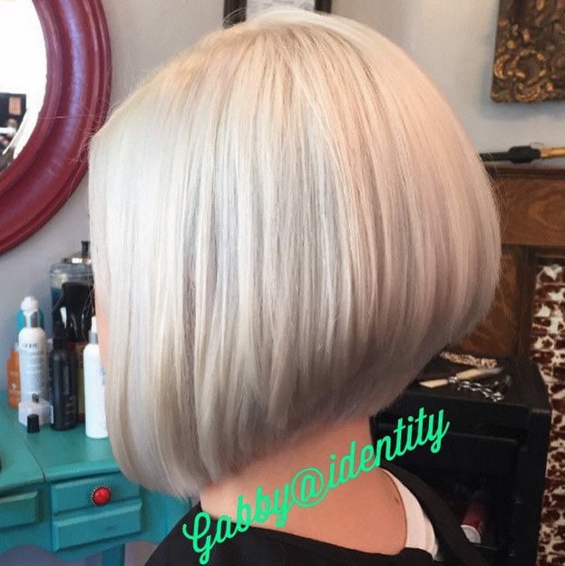 Short blonde haircut stacked for soft hair