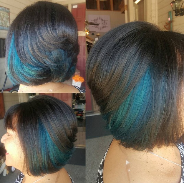Short bob pieces with dark blue hair color