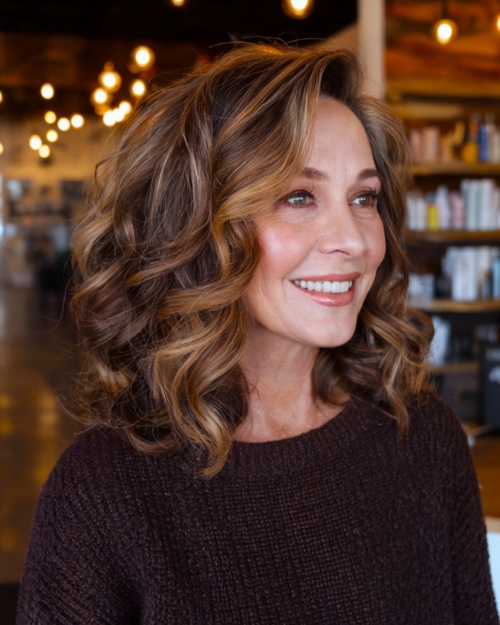 Curly dark brown hairstyle with chunky caramel streaks for women over 60