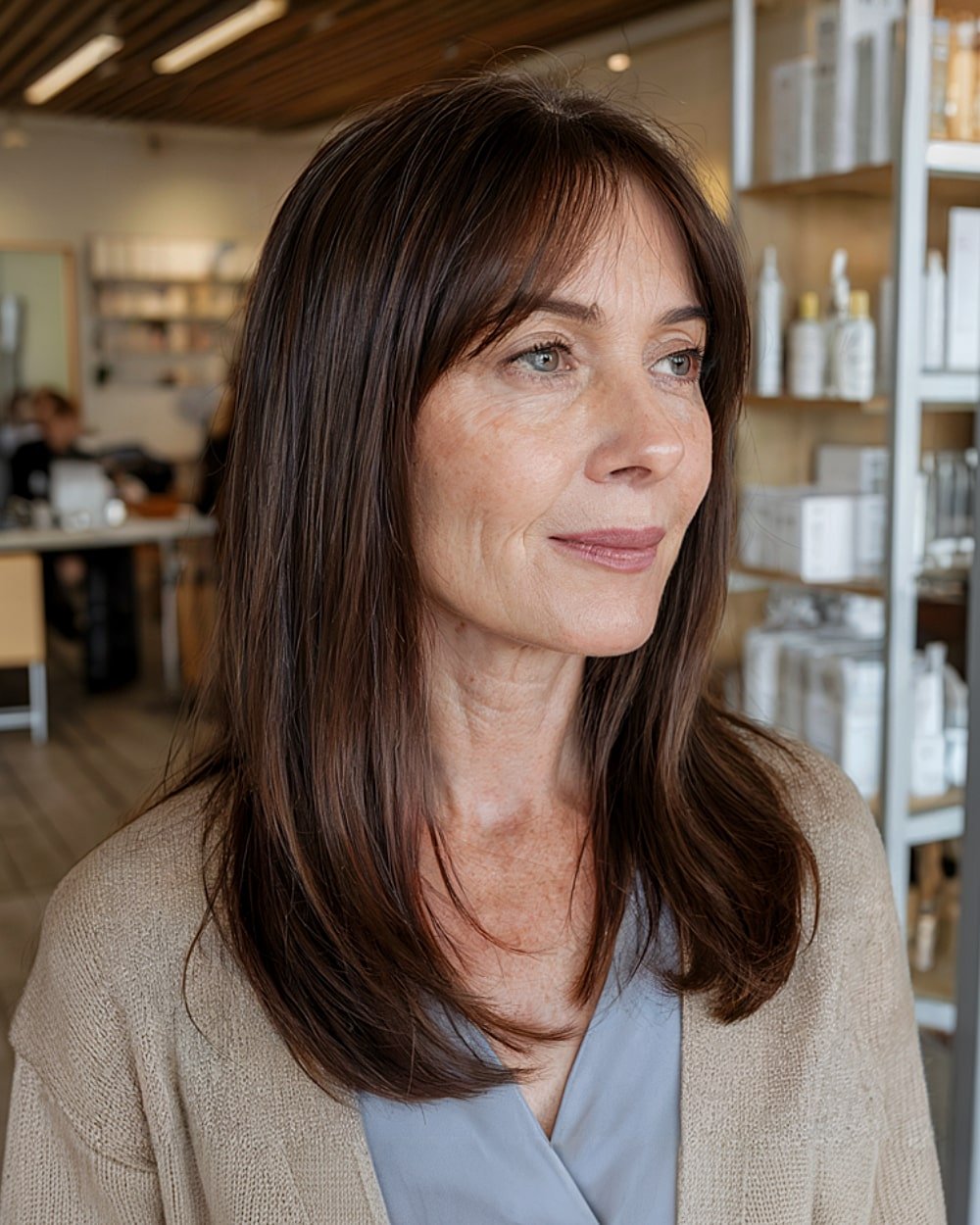 Long raven brown sleek hair with natural shine for mature women over 60