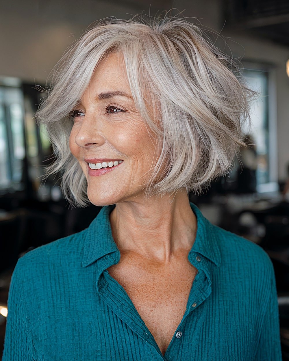 Choppy stacked inverted bob with side bangs for women over 60 with fine gray hair