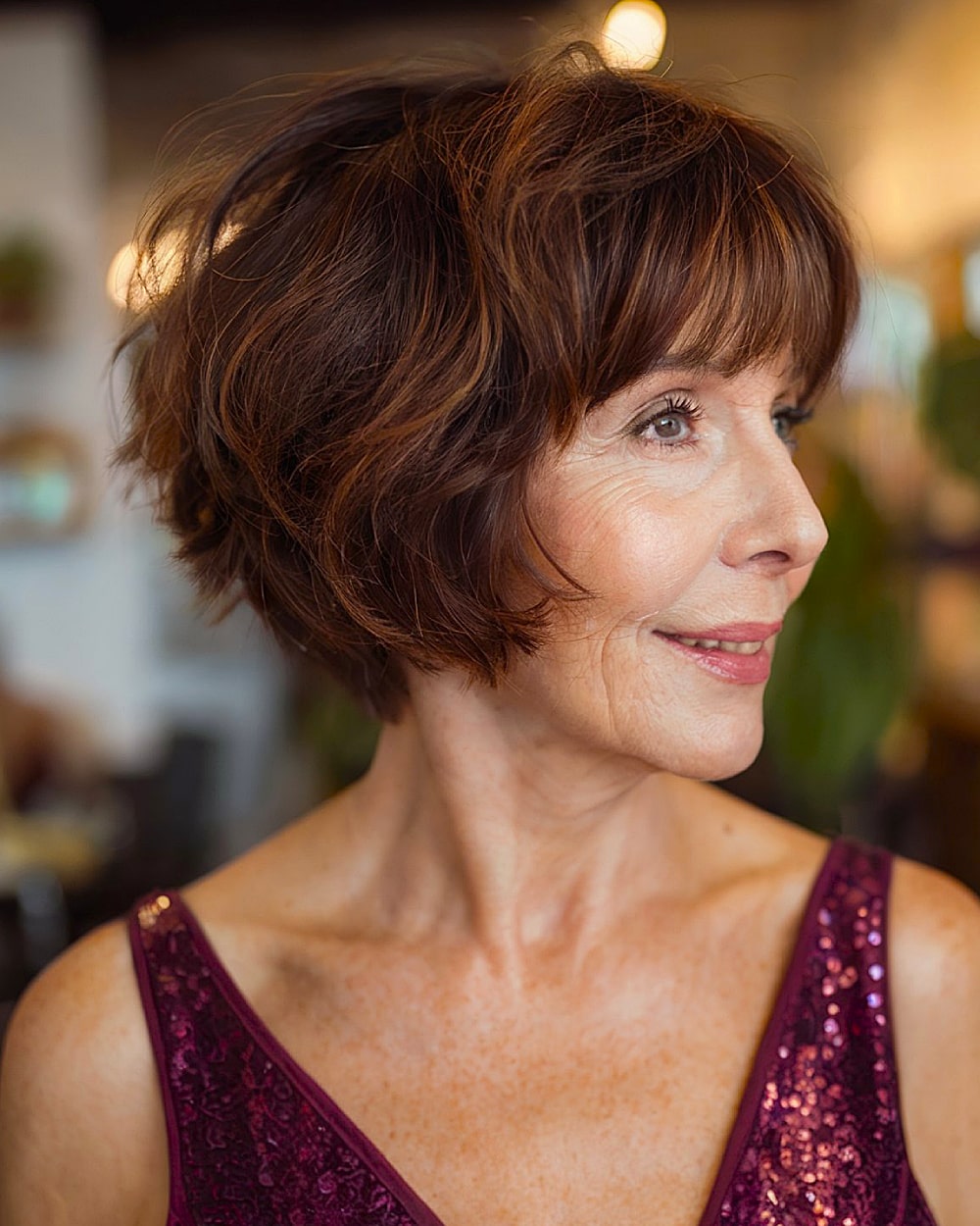 Layered stacked inverted bob with wispy ends for women over 60 with brunette hair
