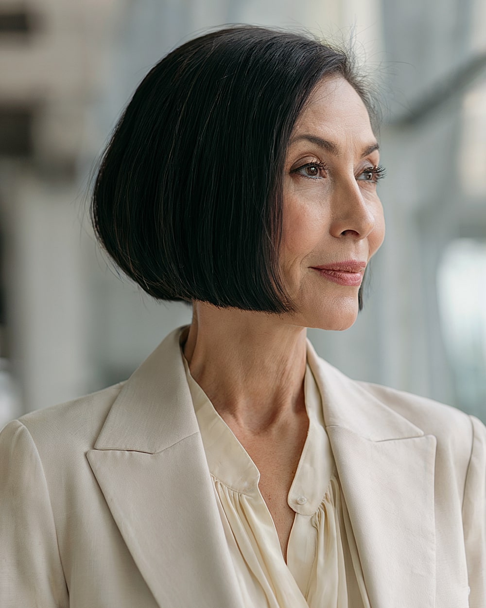 Blunt stacked inverted bob with sleek finish for women over 60 with straight black hair