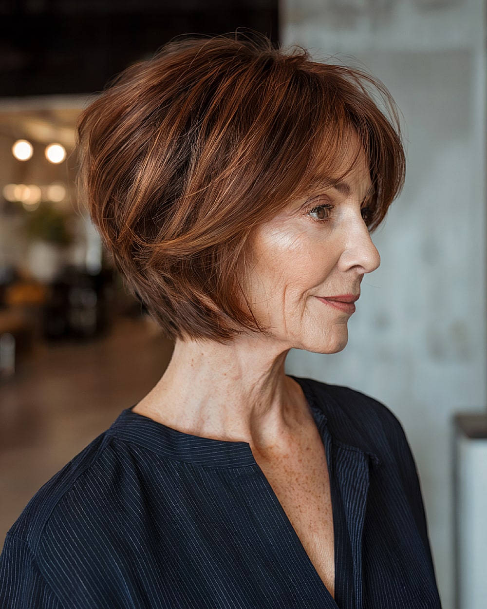 Stacked inverted bob with textured fringe for women over 60 with copper brown hair