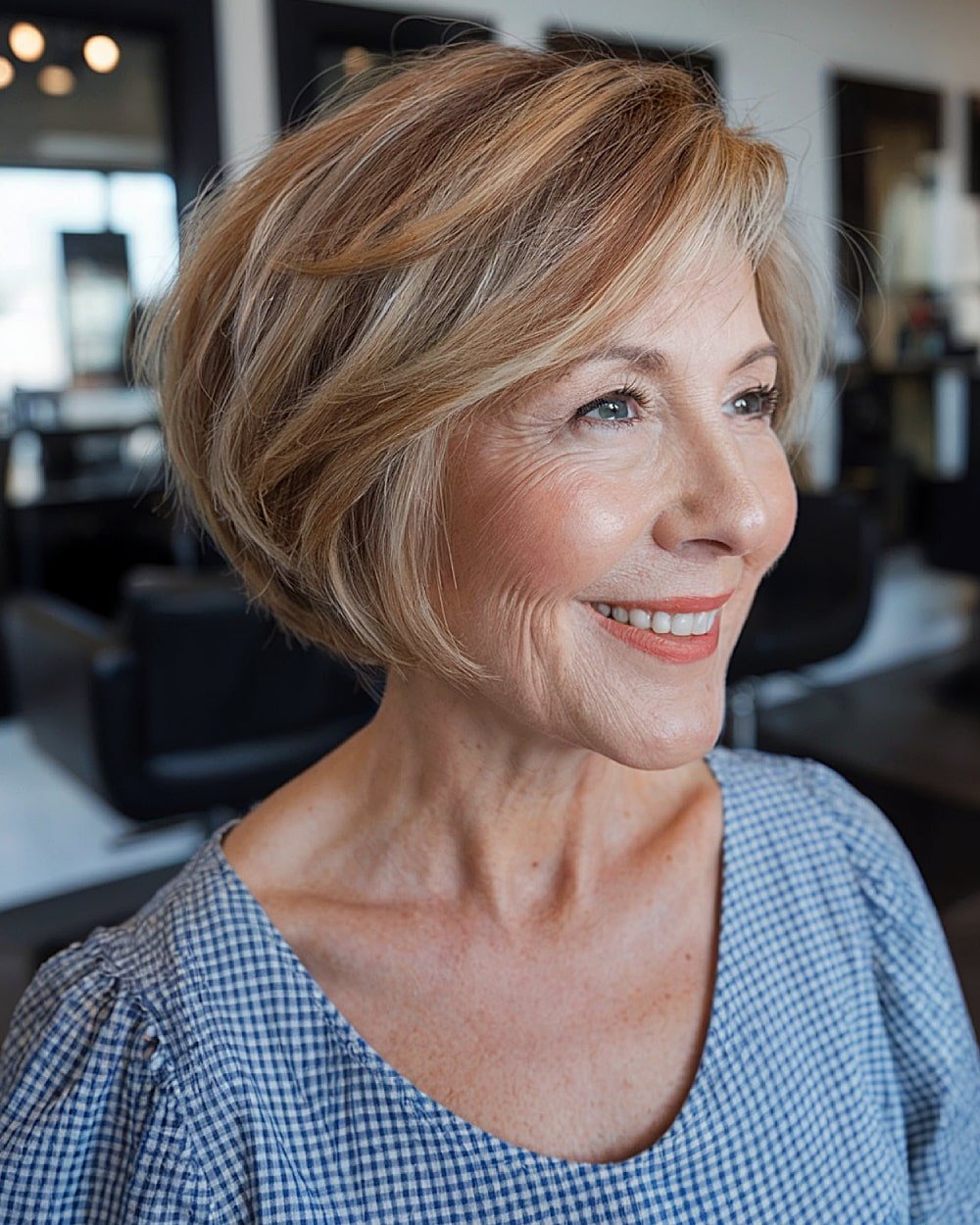 Stacked inverted bob with blonde highlights and lowlights for women over 60 with fine hair