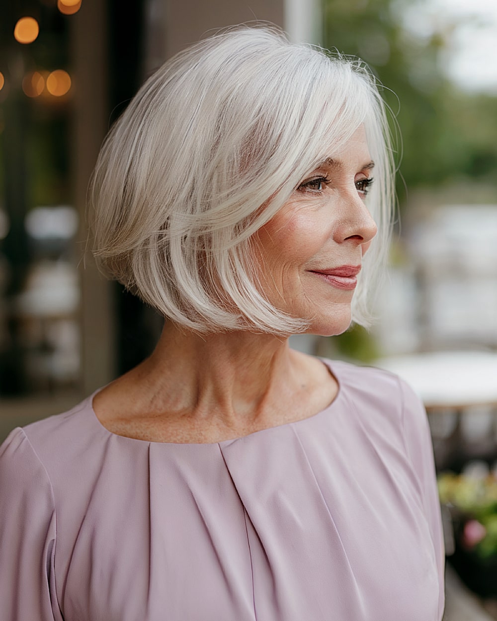 Soft layered stacked inverted bob with movement for women over 60 with warm blonde hair