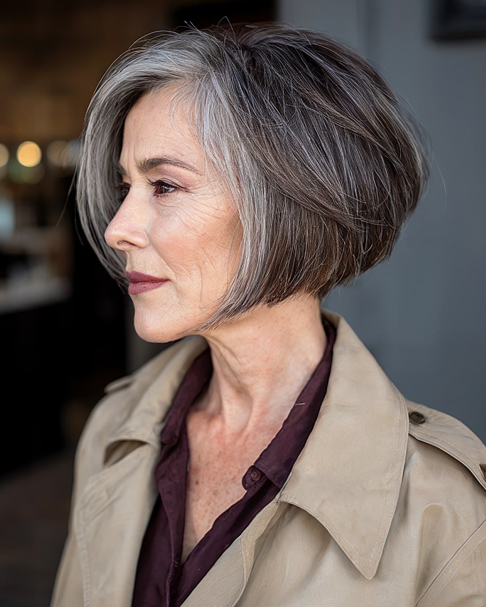 Stacked inverted bob with razored ends for women over 60 with gray and dark hair