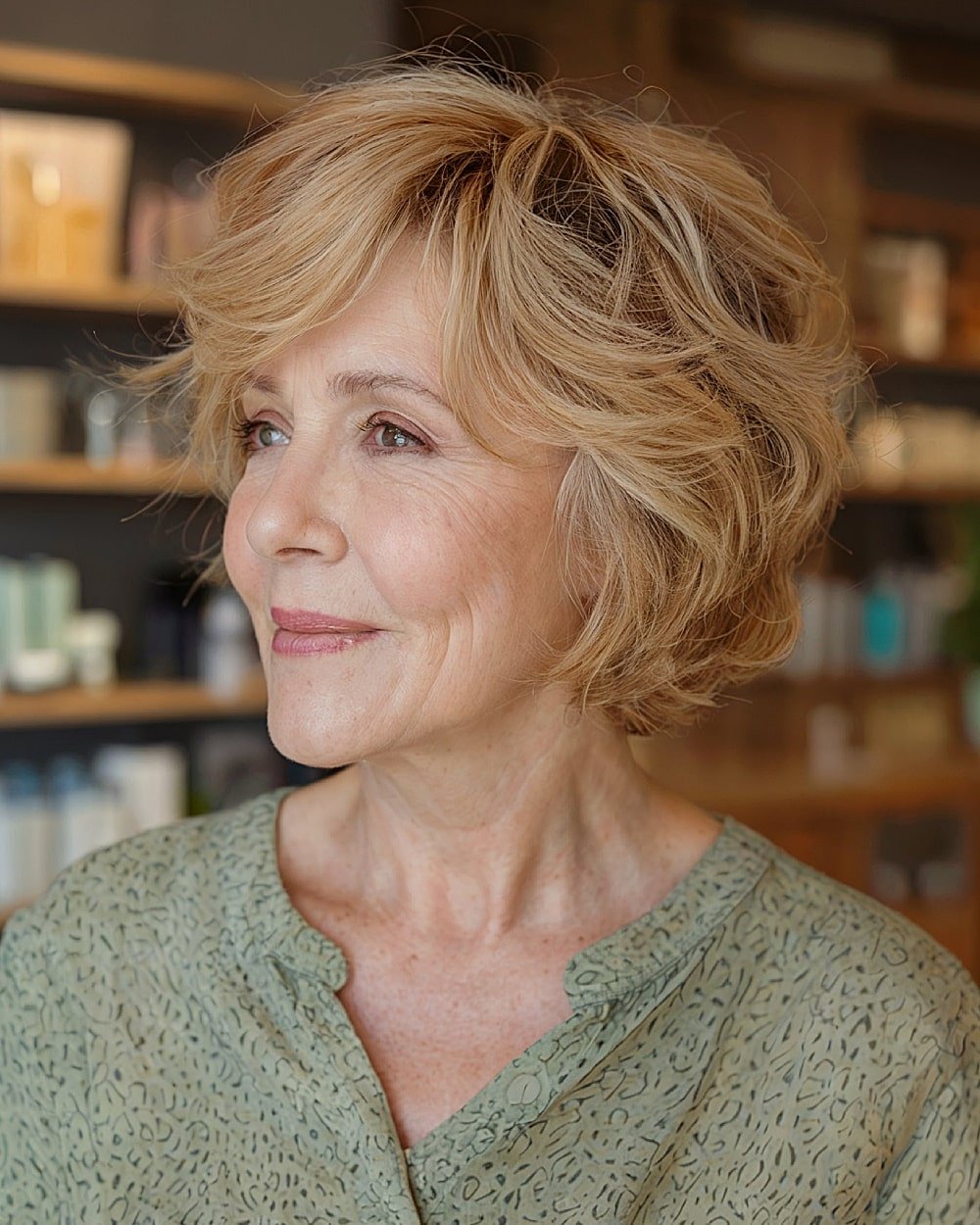 Textured stacked inverted bob with crown volume for women over 60 with blonde layered hair