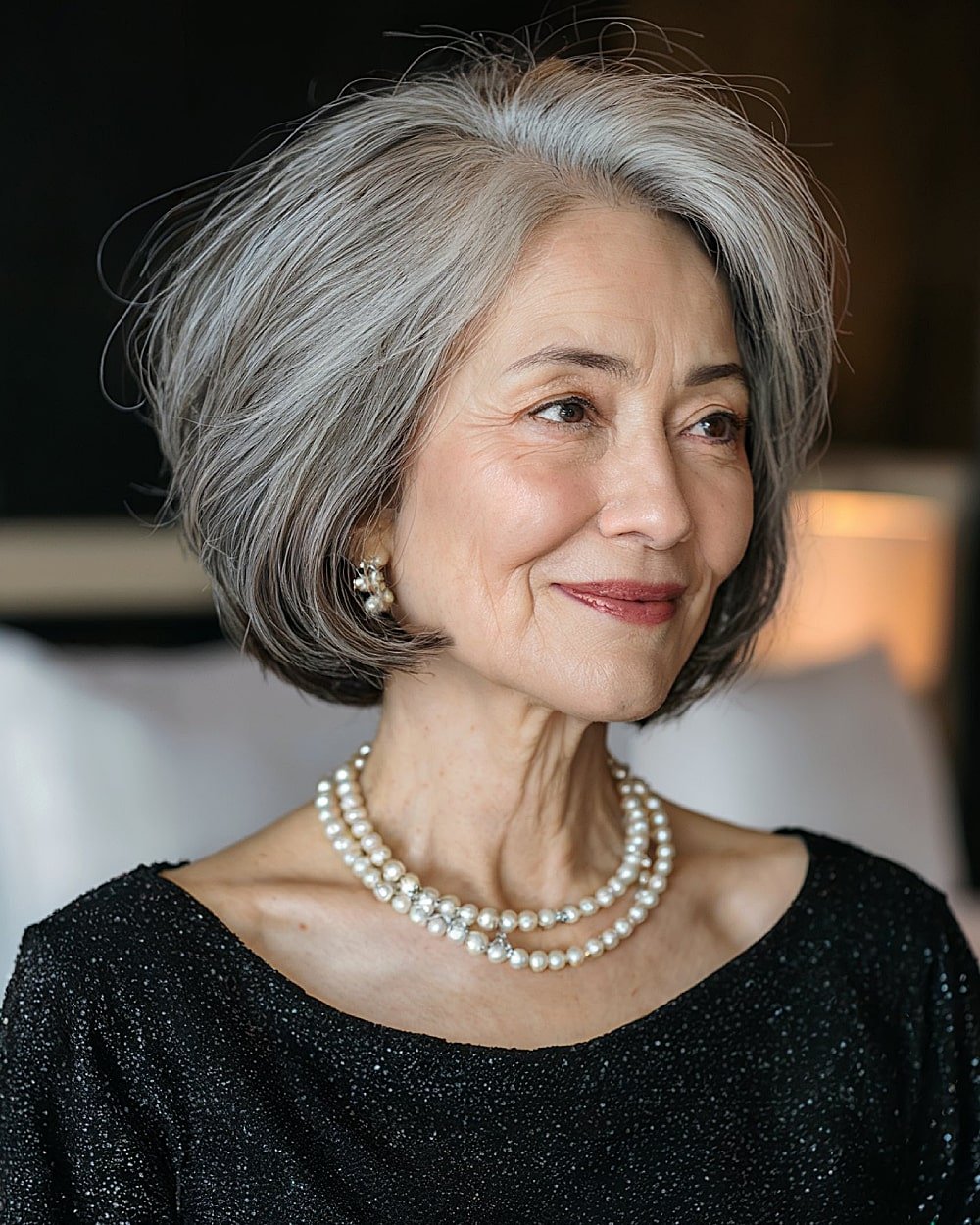 GraceGrad stacked inverted bob haircut for women over 60 with voluminous gray hair