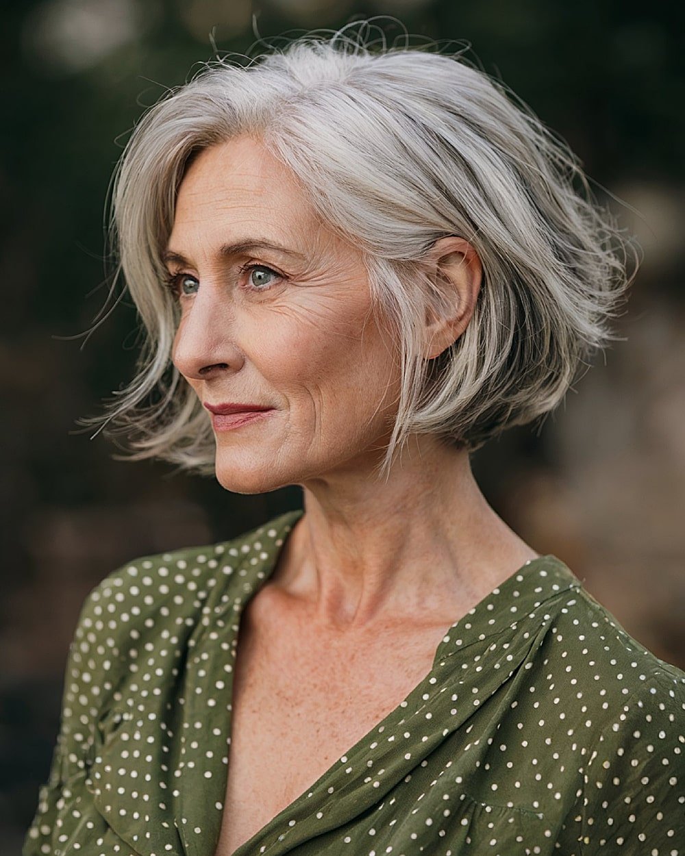SilverStack stacked inverted bob haircut for women over 60 with gray hair and soft layering