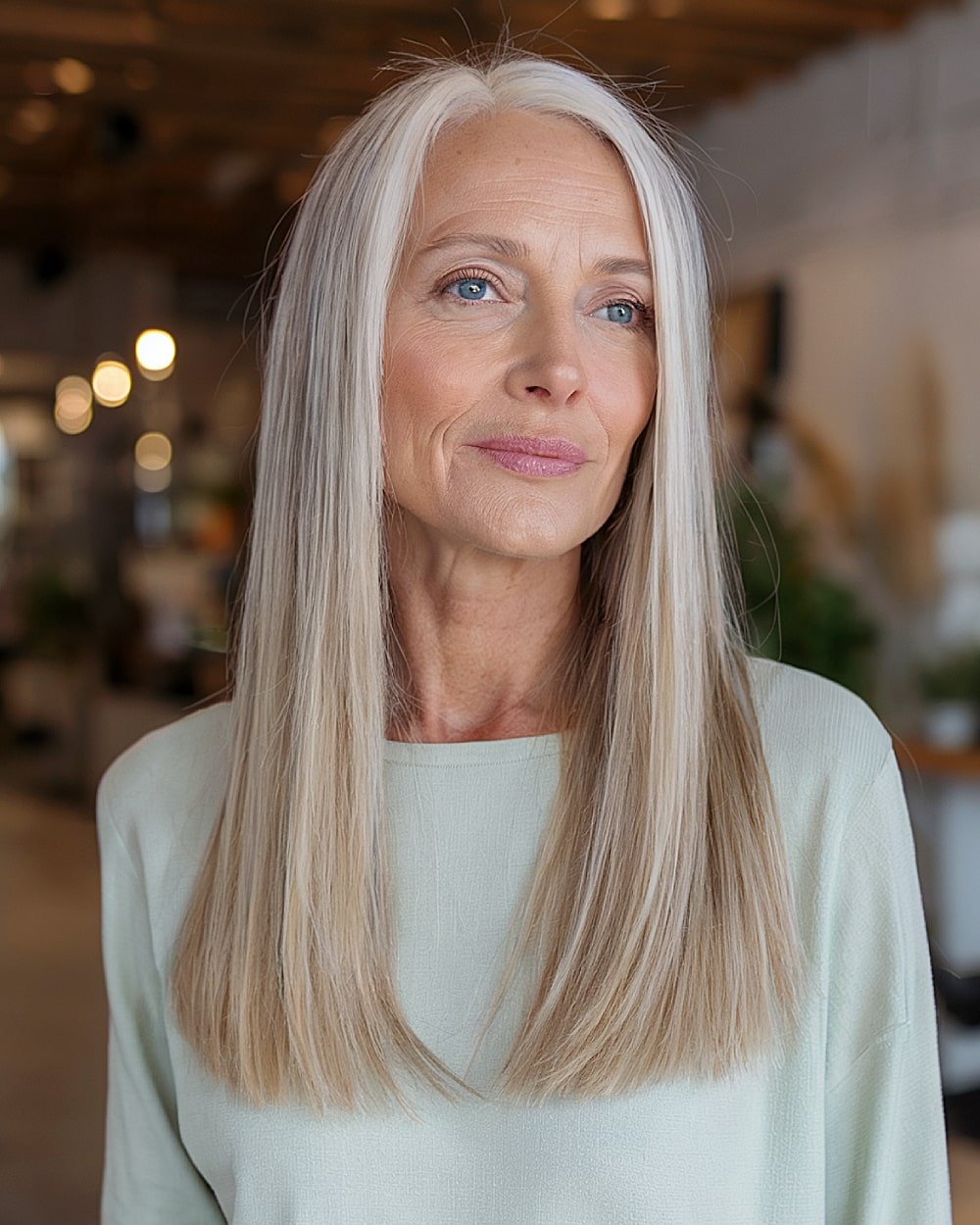 Long blunt cut platinum gray hair over 60 with middle part