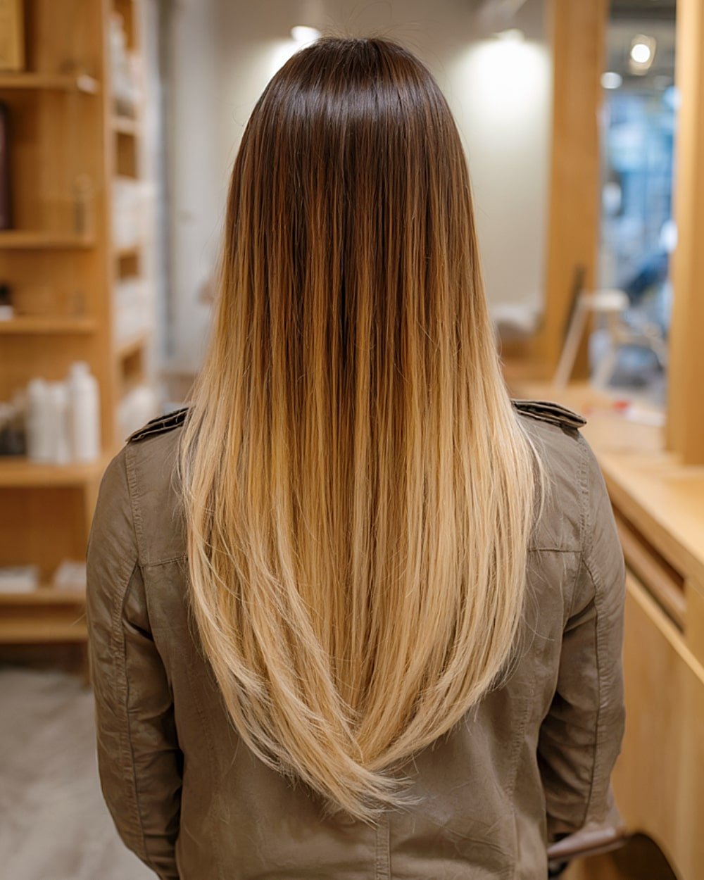 Long, straight ombre hair for over 60 with dark roots and blonde ends