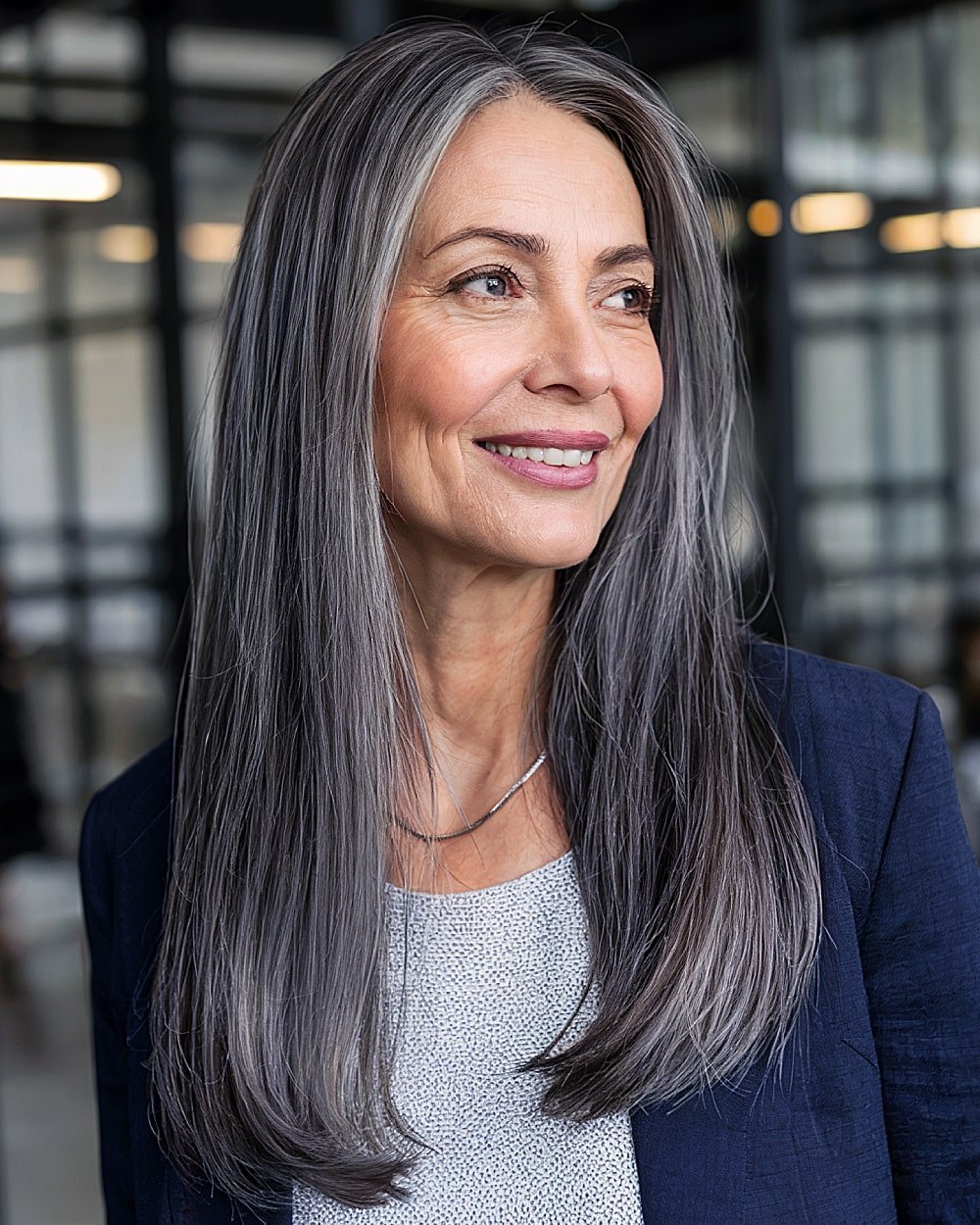Long straight silver hair over 60 years old with dark shade root