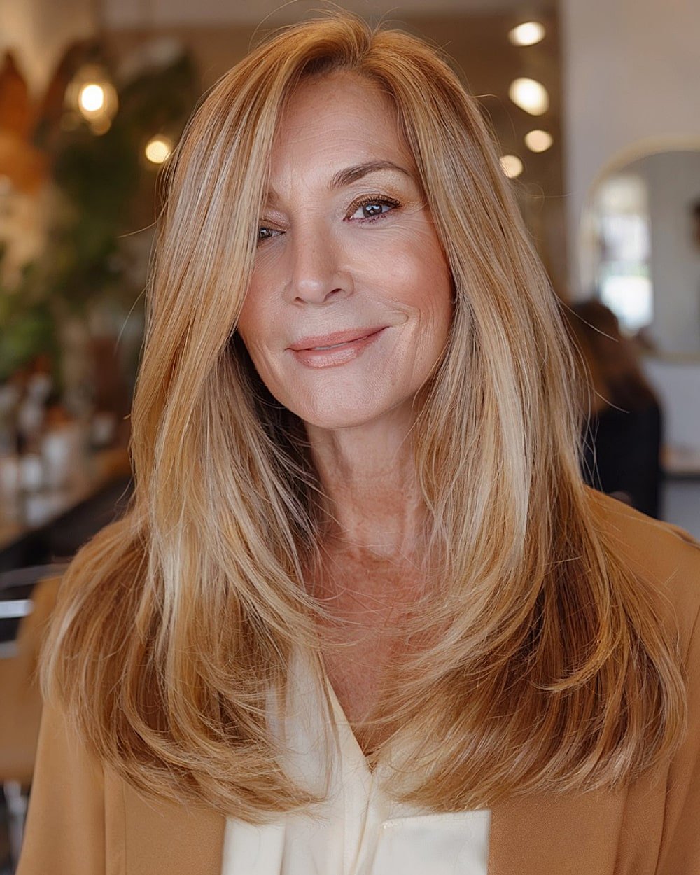 Long, straight honey blonde hair over 60 with layered ends