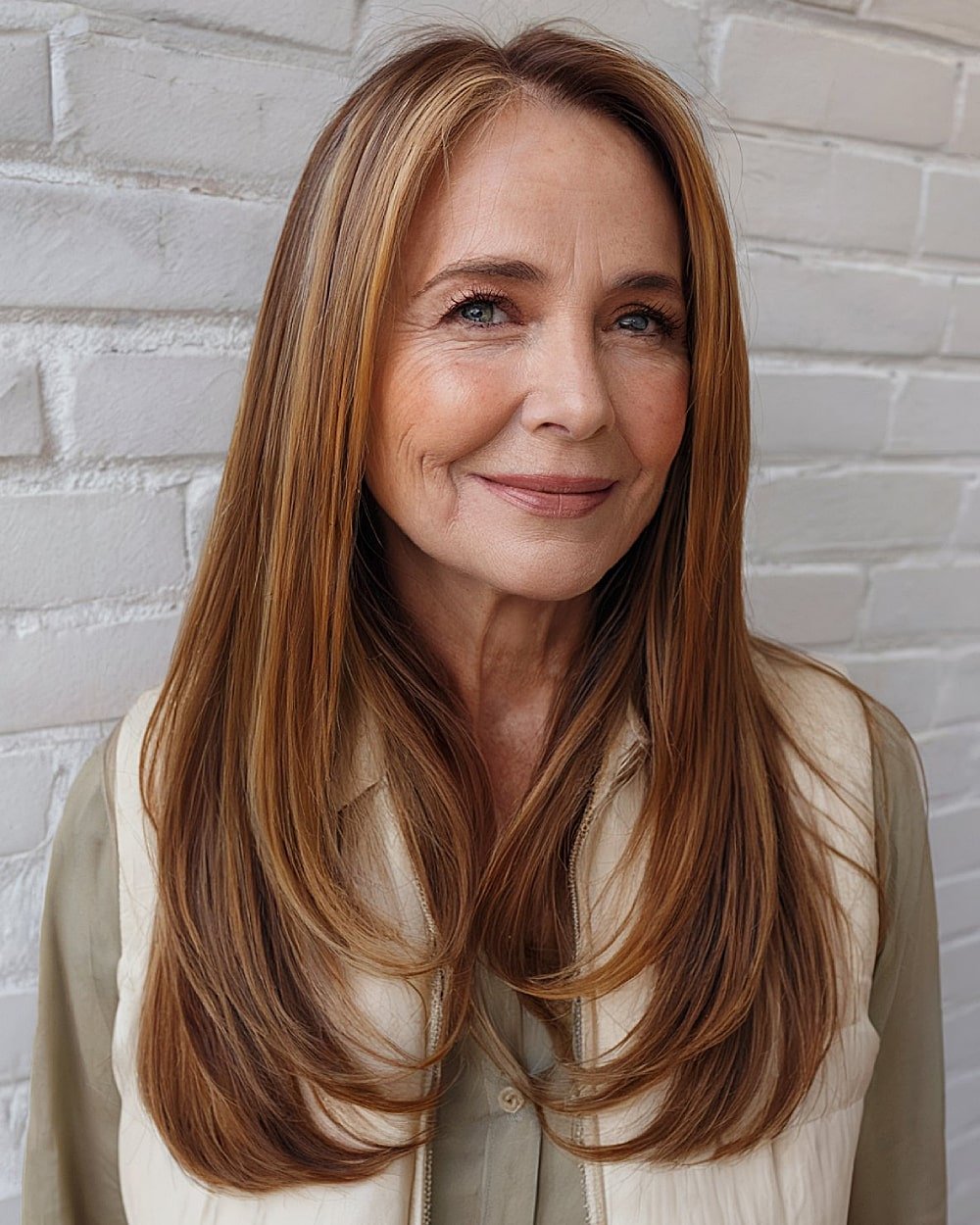 Long straight light brown hair over 60 with subtle golden highlights