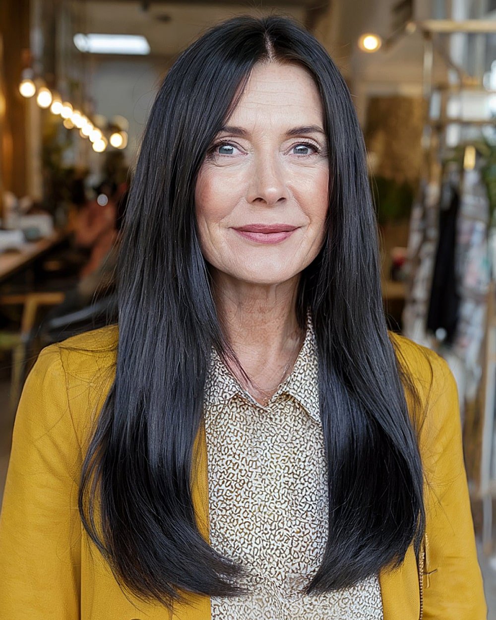 Long middle parted black hair for women over 60 with layered ends