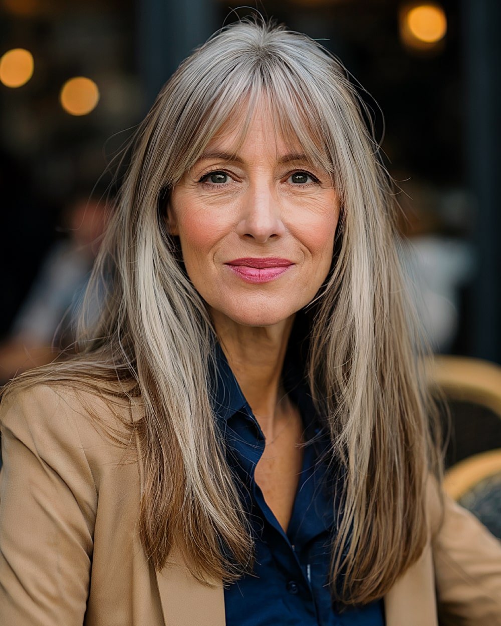 Long straight ash blonde hair over 60 with soft curtain bangs