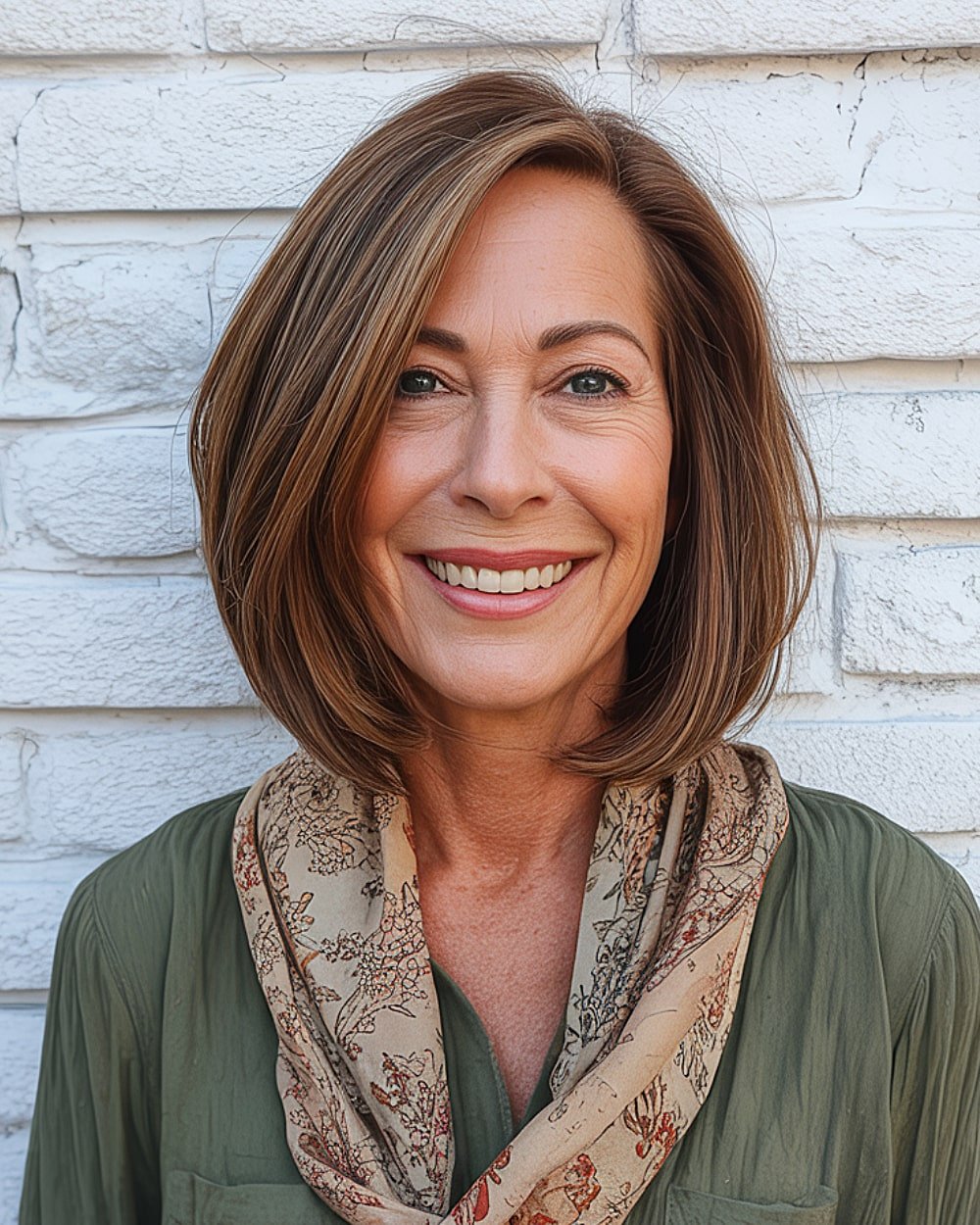 Long bob with soft layers and side part on brown hair for women over 60