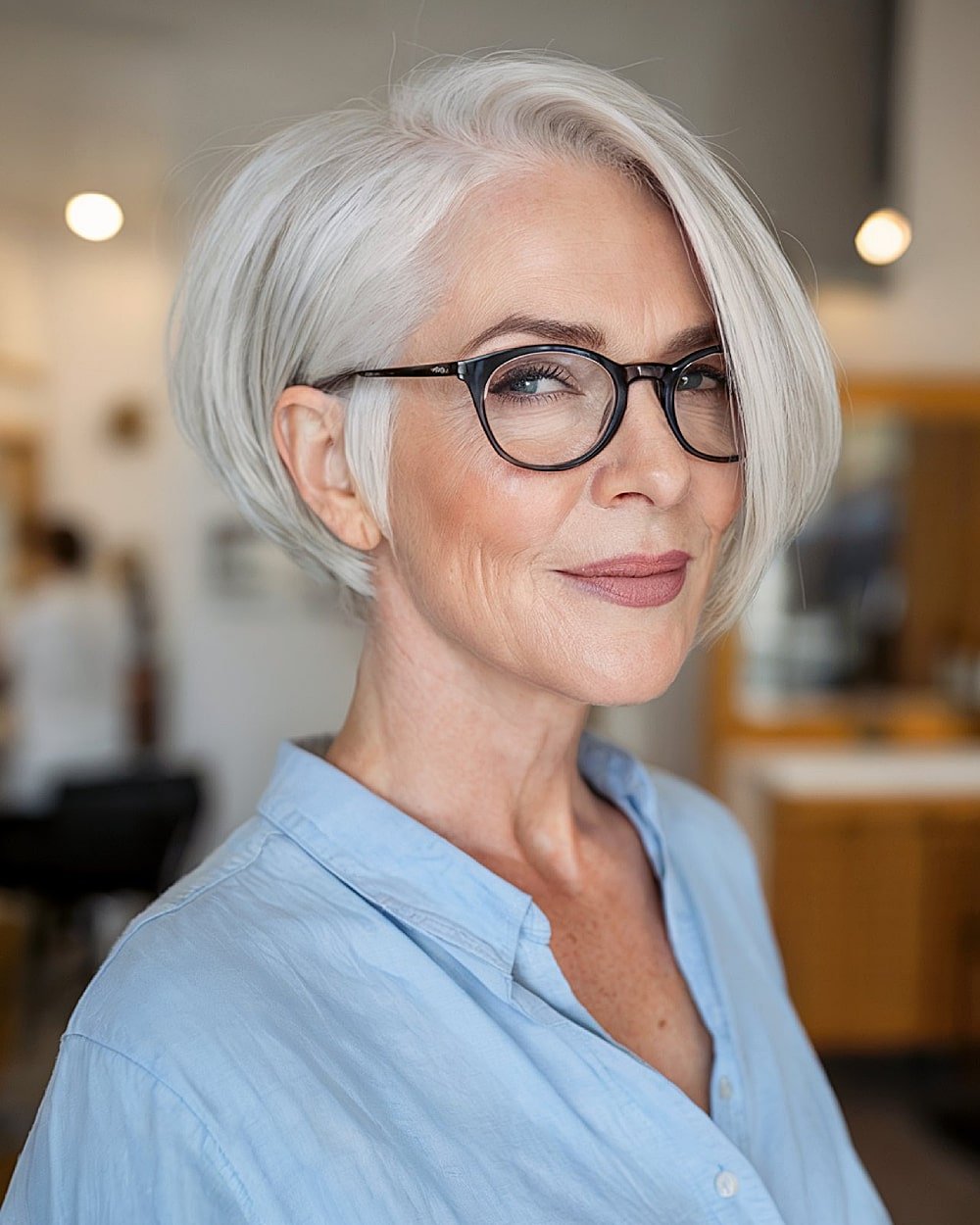 Silver wedge cut side part and stacked back for older women who wear glasses