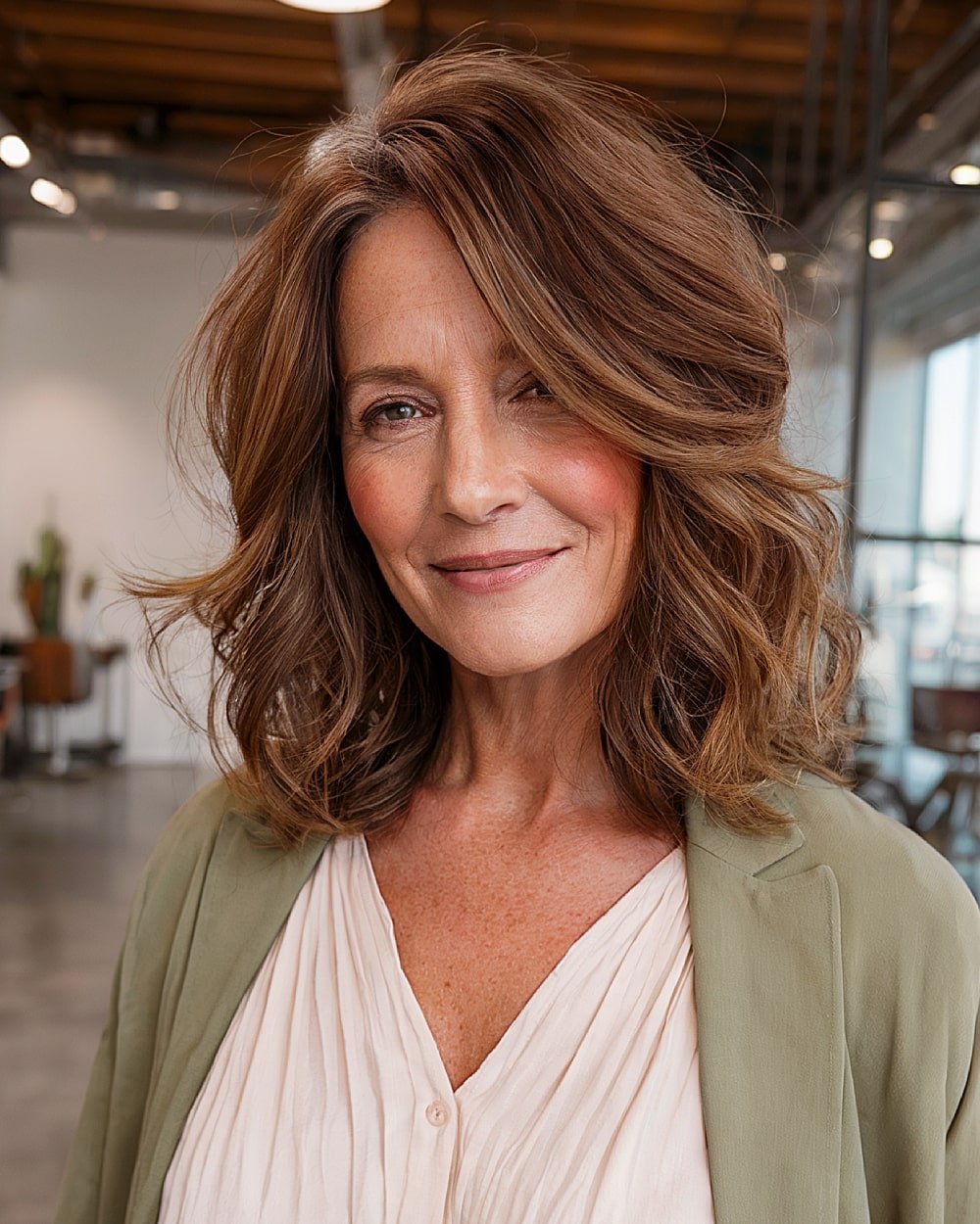 Medium layered haircut with a side part and voluminous waves for women over the age of sixty