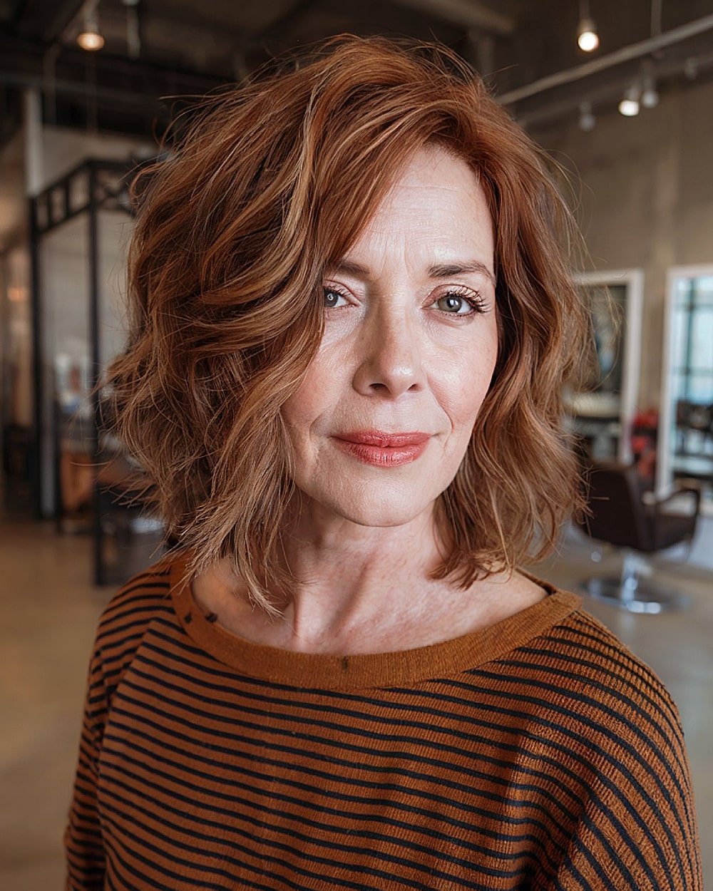 Shaggy copper bob with loose waves and a side part for older women with thick hair
