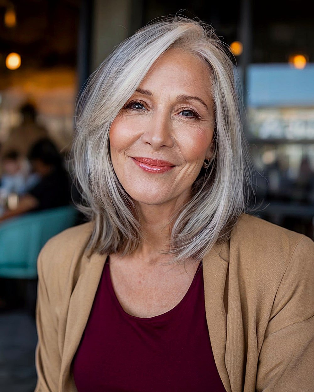 Shoulder length side cut with layers for thin gray hair over 60 years old
