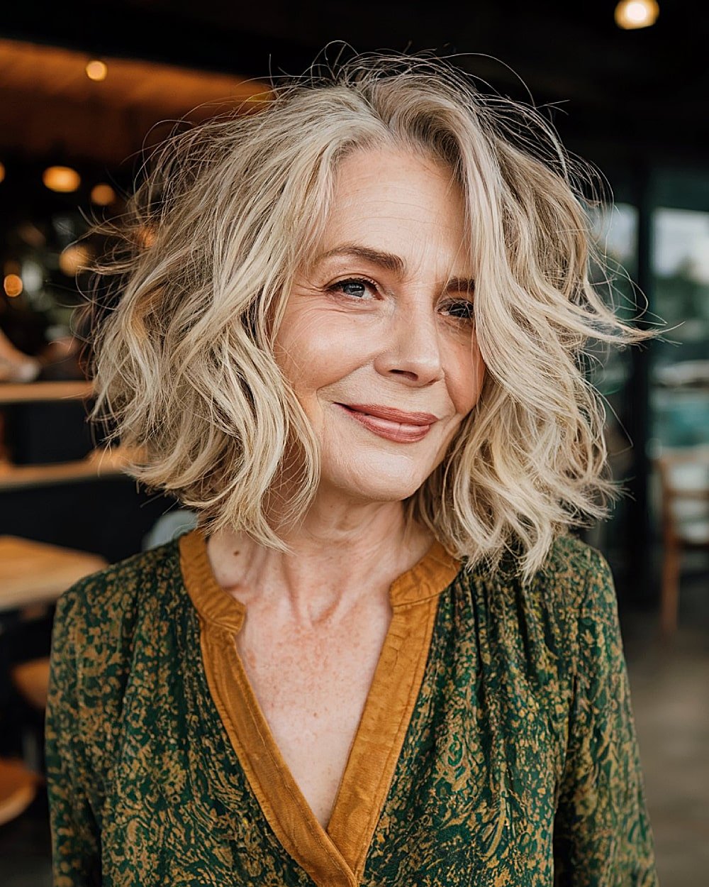 Messy textured bob with side part and beachy blonde waves for women over 60
