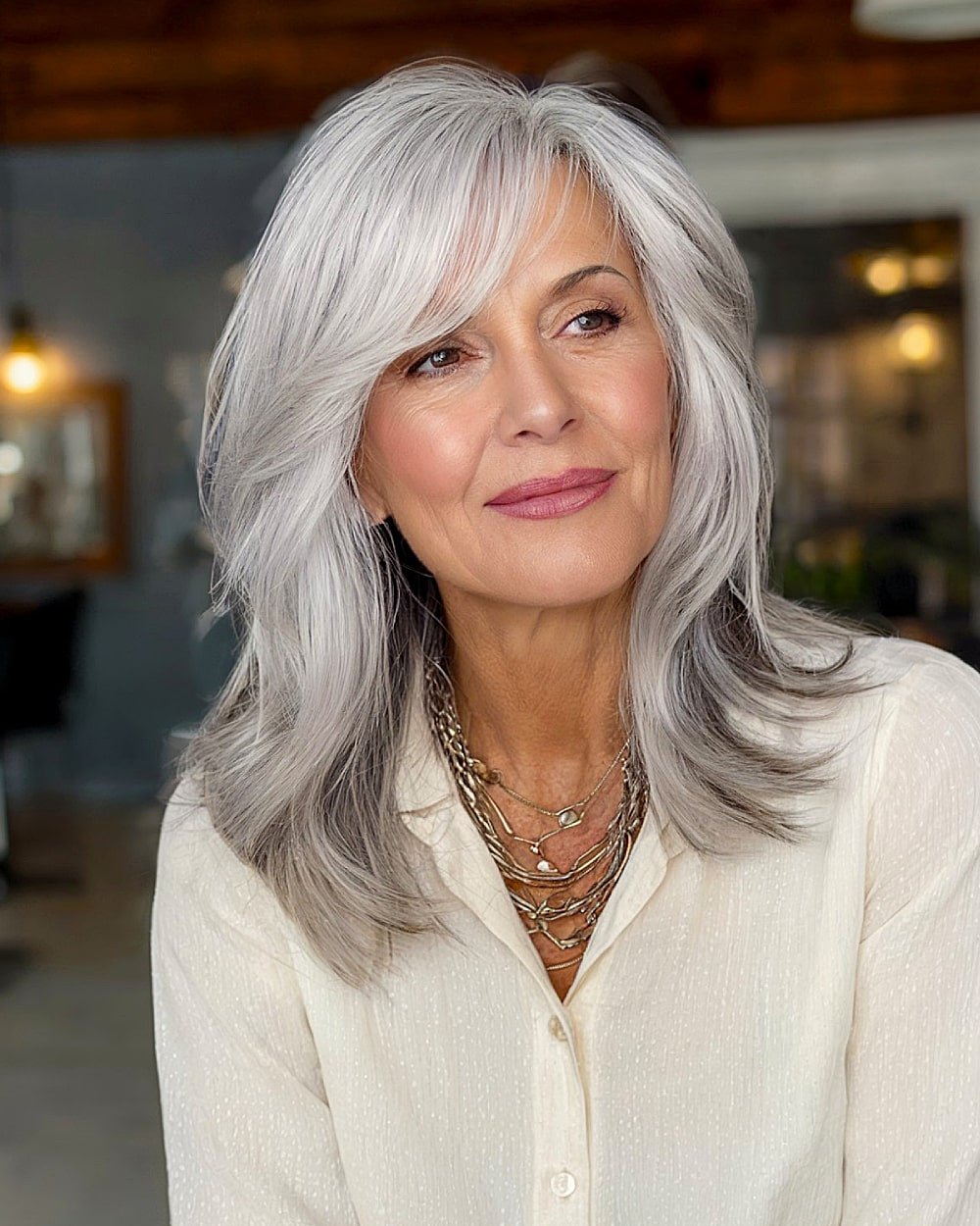 Silver layered haircut with curtain bangs and side part for women over 60