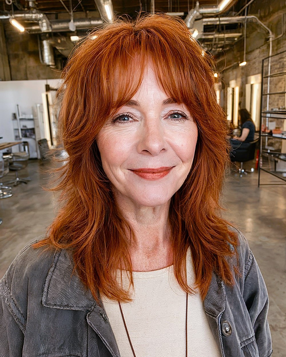 Medium length haircut with shaggy curtain bangs and warm red color for women over 60