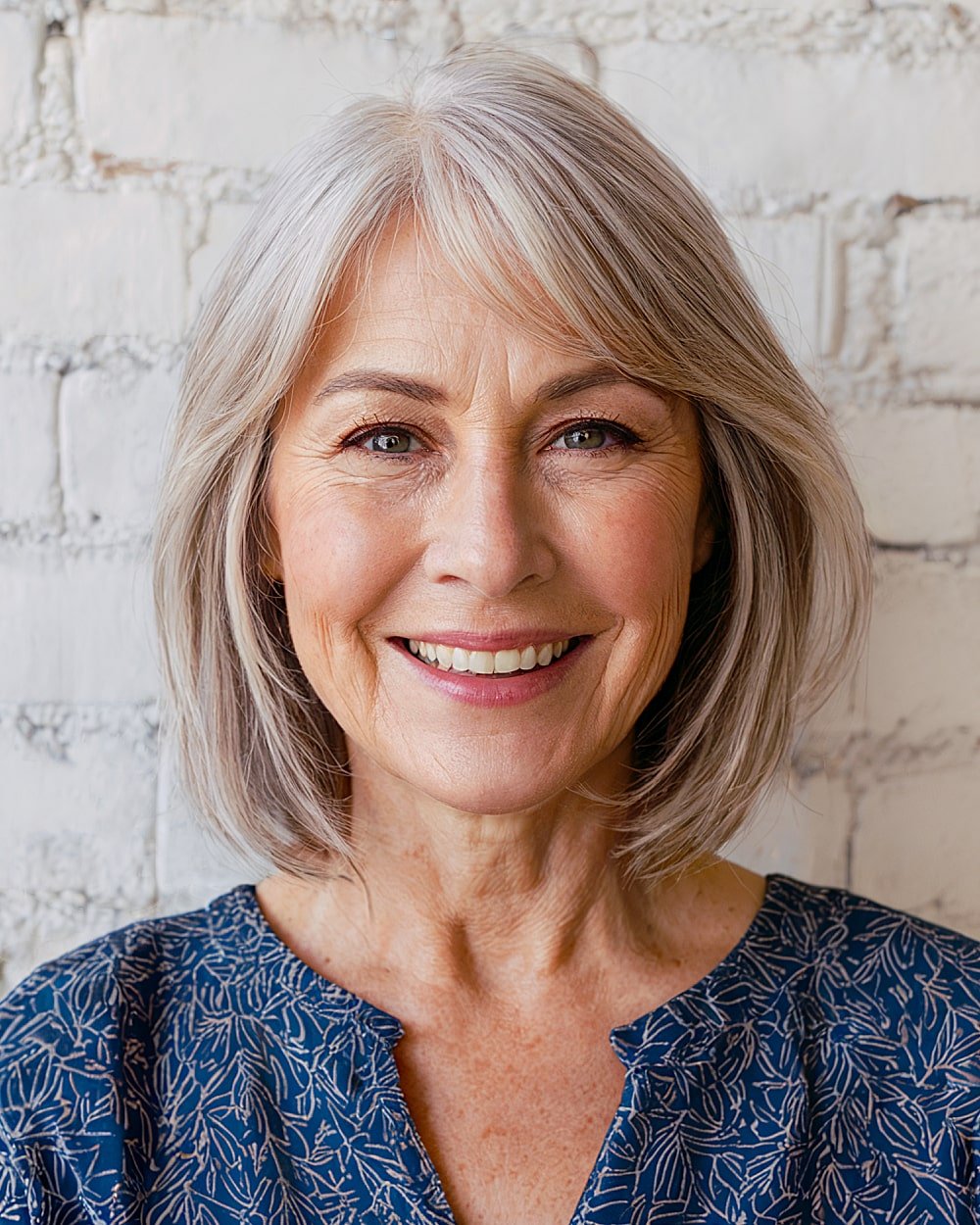 Chin to neck length bob with a light curtain on straight gray hair for older women