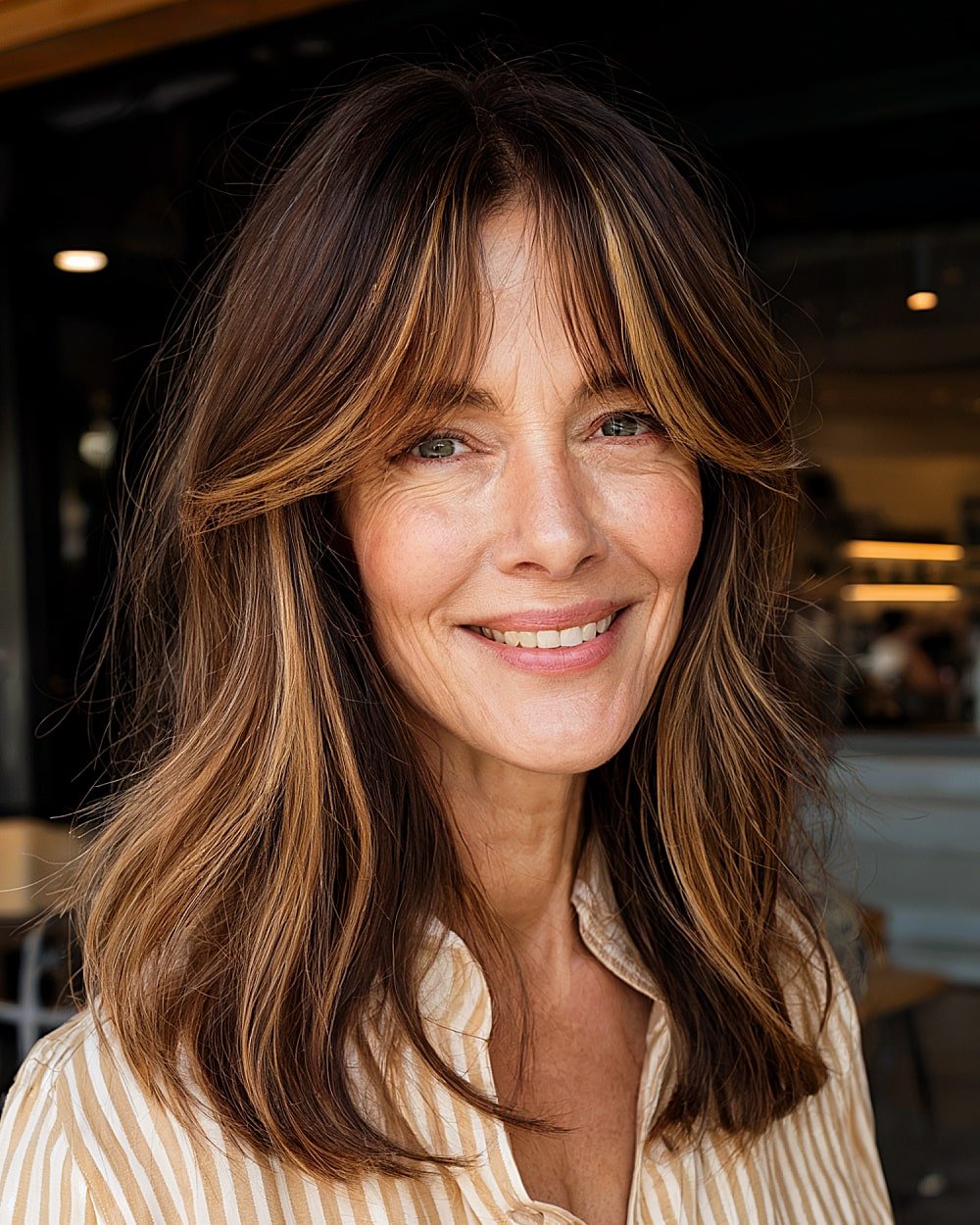 Medium brown hair with curtain bangs and thin layers defines the face for mature women