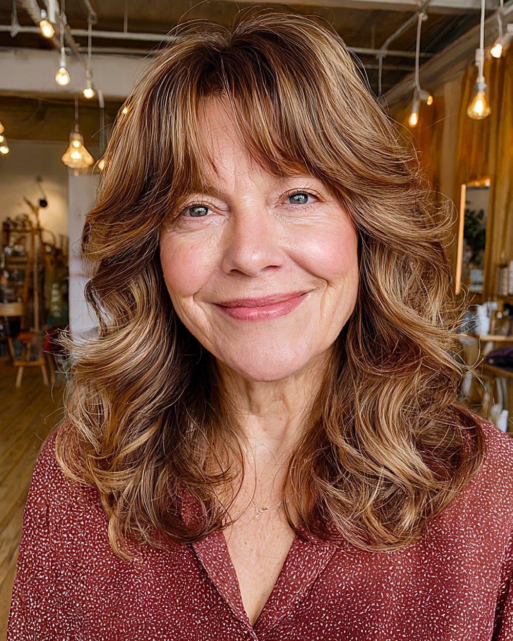 A medium wavy haircut with parted curtain bangs and volume for older women who embrace softness