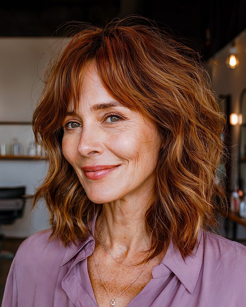 A wavy lob with curtain bangs for women over 60 features tousled layers and rich copper tones.